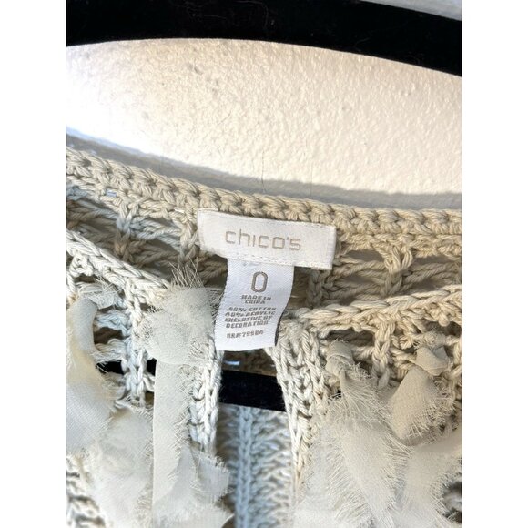 Women Chico's Oatmeal Chunky Open Knit Fringe‎ Cardigan Sweater Size 0 Coastal - Picture 5 of 10